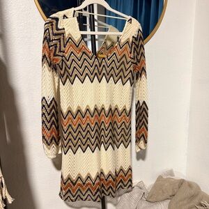 Full Tilt Chevron Long Sleeve Dress - Cream, Orange, Black